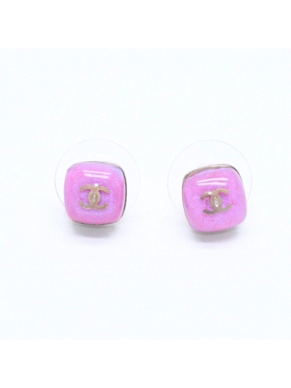 Chanel Earrings CC Logo Button Purple Glitter Silver Metal Resin
